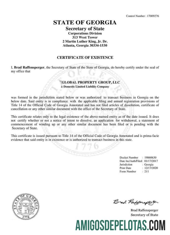 Exemplo de Certificado de Regularidade dos EUA Geórgia